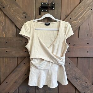 bebe Cream Wrap Peplum Top with Short Sleeves